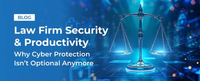 Digital rendering of justice scales surrounded by cybersecurity icons, symbolizing data protection in the legal industry.