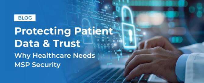 Doctor using a laptop with digital security graphics overlay, representing data protection and cybersecurity in healthcare.