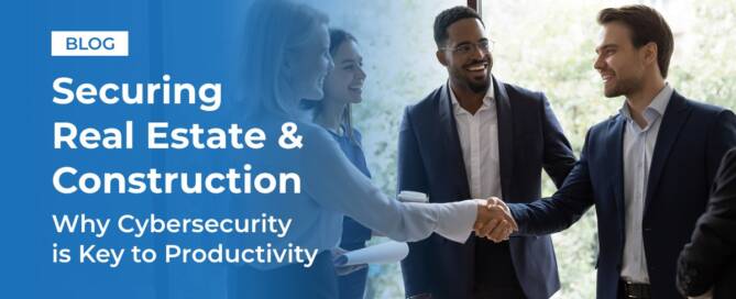 Digital cybersecurity interface over a city skyline representing data protection in real estate and construction industries.