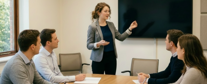A woman standing at the head of a boardroom table gestures toward a blank wall-mounted screen while four seated colleagues take notes.
