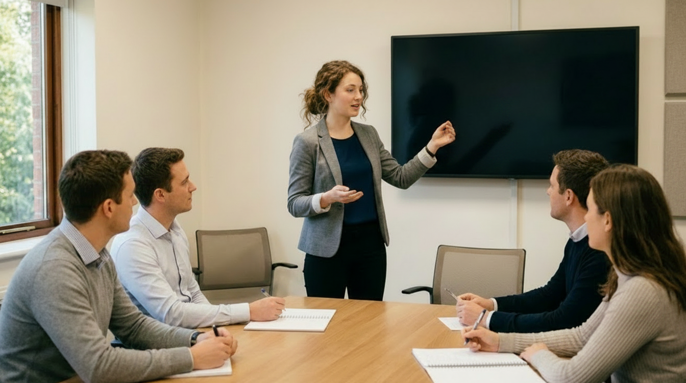 A woman standing at the head of a boardroom table gestures toward a blank wall-mounted screen while four seated colleagues take notes.