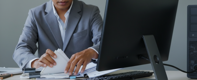 A businessman in a grey suit at a desk, sorting through a thick stack of paperwork beside a monitor and keyboard.