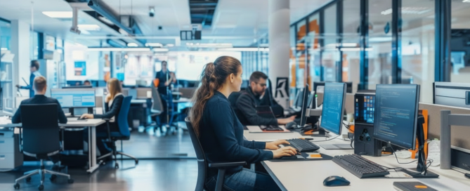A support team at work in an open office, each technician at their own desk