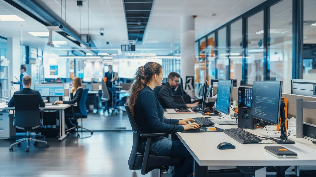 A support team at work in an open office, each technician at their own desk