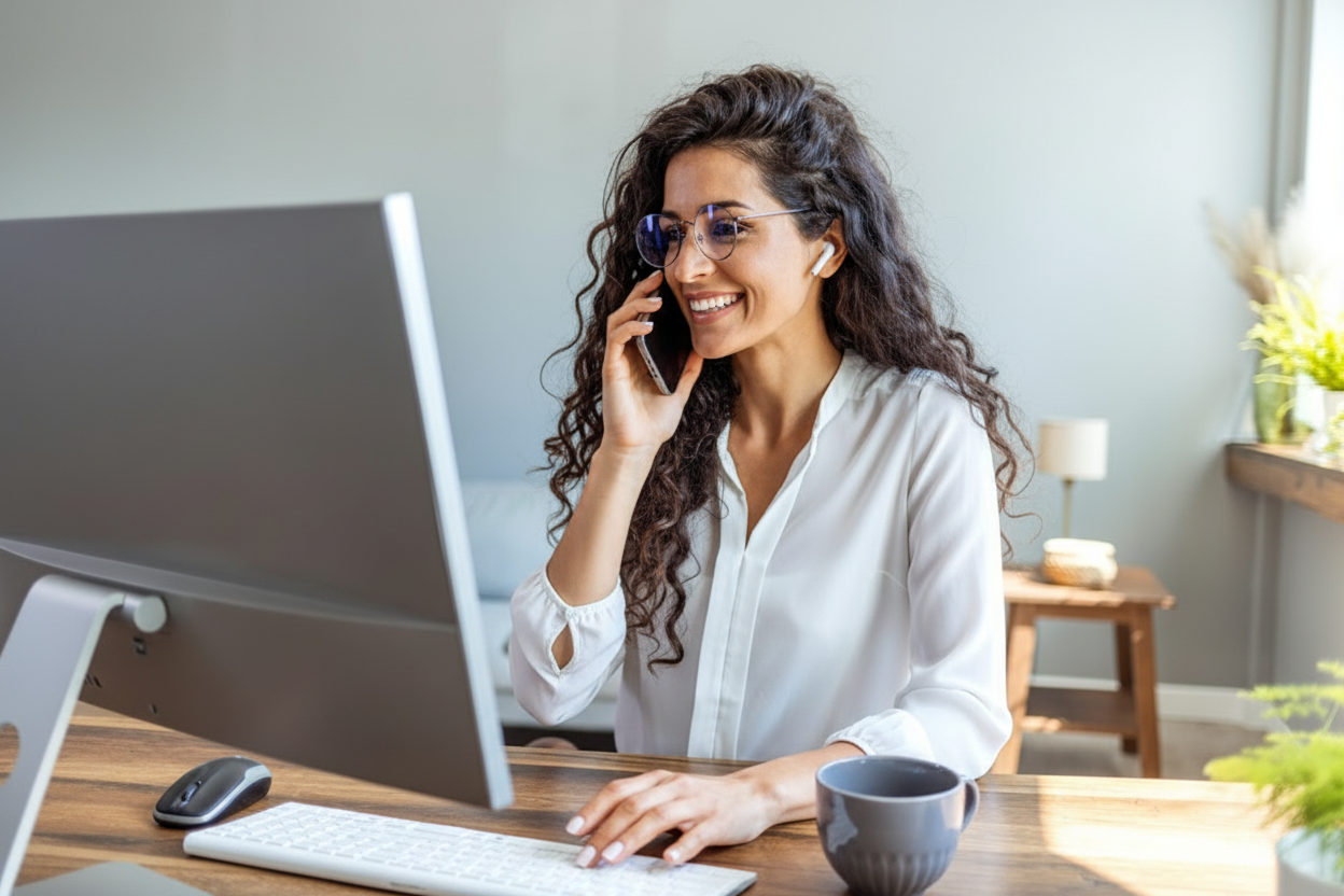 A smiling professional at her desk takes a phone call that was answered right away